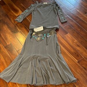 Joseph Ribkoff Gray Skirt Set with Turquoise-Accent Belt